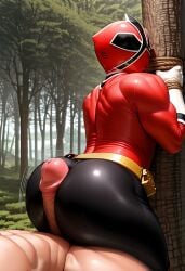 ai_generated ass bara big_ass big_ass_(male) big_butt bodysuit bubble_butt buttjob buttjob_over_clothes clothed_male_nude_male dudebooty17 forced_buttjob forced_yaoi power_rangers power_rangers_samurai rape red_bodysuit red_ranger tied tied_wrists
