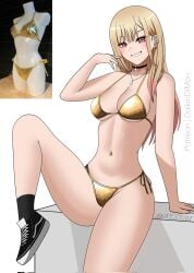 1girls accurate_art_style belly bikini blonde_hair breasts choker daikiri_di_mon golden_bikini golden_week kitagawa_marin looking_at_viewer patreon pink_eyes reference_image shoes smiling smiling_at_viewer sono_bisque_doll_wa_koi_wo_suru tummy