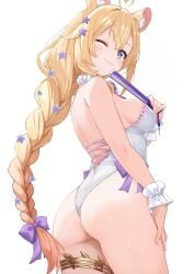 :3 ahoge animal_ear_fluff animal_ears ass backless_leotard blonde_hair blue_eyes breasts cowboy_shot detached_collar double-parted_bangs female flower folded_fan folding_fan frilled_wristband from_below guinea_pig_girl hair_flower hair_ornament hair_ribbon hand_fan heart heart_ahoge highleg highleg_leotard highres holding holding_fan indie_virtual_youtuber kakeian_(aiyoriaosi_00) leotard light_blush long_hair looking_at_viewer low-braided_long_hair low-tied_long_hair medium_breasts one_eye_closed purple_ribbon ribbon second-party_source sideboob sidelocks solo sopralto star_(symbol) star_hair_ornament strapless strapless_leotard thigh_strap very_long_hair virtual_youtuber white_leotard