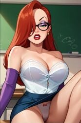 ai_generated bare_shoulders black-framed_eyewear breasts chalkboard classroom cleavage collarbone earrings elbow_gloves female glasses gloves green_eyes hair_over_one_eye hoop_earrings indoors jewelry large_breasts lips lipstick long_hair makeup on_desk panties pencil_skirt red_hair sitting skirt solo spread_legs strapless teacher underwear white_panties