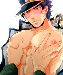 2boys abs bara black_hair blush earrings gakuran green_eyes hat ikuto jojo's_bizarre_adventure jotaro_kujo male male_only multiple_boys muscle muscles nipples noriaki_kakyoin pecs school_uniform stardust_crusaders tagme undressing yaoi