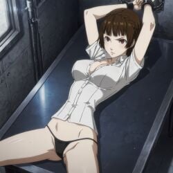 ai_generated arms_up bondage brown_hair chains cleavage interrogation legs_apart makoto_niijima no_pants panties persona persona_5 red_eyes short_hair table thong unbuttoned_shirt white_shirt
