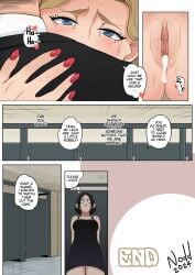 1boy 1girls after_orgasm after_sex afterglow bathroom bathroom_sex blonde_female blonde_hair clitoral_hood clitoris comic comic_page cum cum_in_pussy cum_inside dripping dripping_cum ejaculation english english_text female light-skinned_female light_skin male mature mature_female milf nakadashi noddarts original painted_nails pale-skinned_female pale_skin public_sex puffy_pussy pussy pussy_juice red_nails shaved_pussy short_hair short_hair_female speech_bubble sweat sweating text vagina voluptuous_female watermark wet wet_pussy