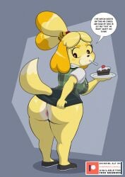 animal_crossing anthro anus ass barely_visible_anus bottomwear bottomwear_pull breasts cake cake_slice canid canine canis clothed clothing clothing_pull dessert dialogue domestic_dog female food hi_res ike_marshall isabelle_(animal_crossing) mammal nintendo no_underwear raised_bottomwear raised_clothing raised_skirt skirt skirt_pull solo speech_bubble spoon_in_mouth thick_thighs