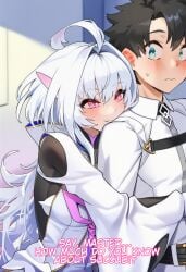 1boy 1girl ahoge bangs black_gloves black_hair blue_eyes blush breasts chaldea_uniform closed_mouth clothing english_text fate/grand_order fate/prototype fate_(series) female fujimaru_ritsuka_(male) gloves hug hug_from_behind jacket lady_avalon_(fate) long_hair long_sleeves male medium_breasts merlin_(fate/prototype) pink_eyes purple_eyes robe shaddai shirt short_hair smile straight succubus temptation very_long_hair white_hair white_jacket white_robe white_shirt wide_sleeves