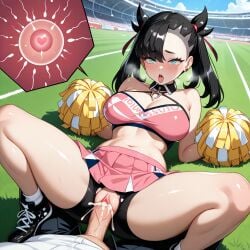 ahe_gao ai_generated bike_shorts cheerleader cum_in_pussy cum_inside cum_overflow fertilization football_field game_freak impregnation marnie_(pokemon) midriff missionary_position outdoors pokemon public_sex sneakers torn_shorts vaginal_sex
