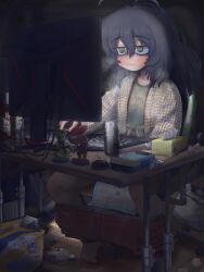 ahoge alcohol antenna_hair bags_under_eyes barefoot beer_can blush can chair clothes_pull computer dark desk drink_can eyebrows_hidden_by_hair female female_masturbation figure gaming_chair green_eyes hair_between_eyes hair_down iron-chan_(mushita_iron) jimiko long_hair masturbation messy_room mojyo monitor mushita_iron original pants pants_pull solo splatoon_(series) sweatdrop swivel_chair thick_eyebrows tissue tissue_box wavy_mouth