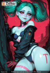 ai_generated aqua_hair arm_tattoo ass bare_shoulders black_panties blue_hair blue_skin body_writing breasts cameltoe colored_sclera colored_skin cyberpunk dollmaker female glowing green_skin grey_skin jacket leg_tattoo long_hair looking_at_viewer lying navel off_shoulder open_clothes open_jacket panties red_eyes shiny shiny_skin shoulder_tattoo small_breasts smile solo spread_legs tagme tattoo thighs twintails underwear zombie