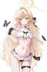 1girls absurdres alternate_costume ass_visible_through_thighs bare_arms bare_shoulders bikini black_gloves blonde_hair blue_archive blush breasts closed_mouth collarbone cowboy_shot female female female_only frilled_bikini frills gloves green_eyes hair_intakes halo highres jogabi layered_bikini long_hair looking_at_viewer navel professor_niyaniya_(blue_archive) simple_background small_breasts smile solo stomach strap_slip sweat swimsuit thigh_strap thighs underboob undressing variant_set very_long_hair white_background white_bikini white_swimsuit yellow_halo