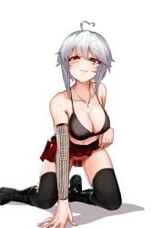 albino boots bra buddy_(buddies) bush crucifix dripping dripping_pussy heart_eyes large_breasts lifting_shirt lip_bite red_eyes scar short_hair silver_hair skirt sweaty