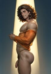 ai_generated ass big_ass big_butt boy brown_hair bubble_ass bubble_butt flaccid hazel_eyes looking_at_viewer male off_shoulder orange_shirt penis plump_ass pubic_hair round_ass round_butt shirt side_view smile solo spotlight tallcallipygian tcallipygian thick_thighs thighs