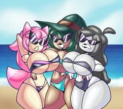 3girls big_breasts breast_expansion breasts cleavage disney doll drwahee expansion female inflation knick_knack large_hips long_hair narrow_waist permanent_smile pixar smiling sunglasses sunnification sunny_miami sunny_persona swimsuit thin_waist tinted_eyewear transformation water wide_hips