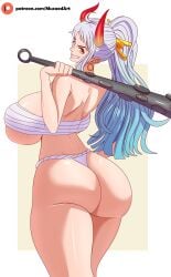 1girls ass big_ass big_breasts big_butt blue_hair breasts brown_eyes club_(weapon) curvy ear_piercing earrings eye_contact female female_focus female_only gradient_hair hi_res highres hoop_earrings horned_humanoid horns huge_breasts humanoid light-skinned_female light_skin long_hair looking_at_viewer multicolored_hair musaed_art one_piece oni oni_horns ponytail simple_background solo solo_female thick_thighs two_tone_hair voluptuous white_hair wide_hips yamato_(one_piece) yellow_eyes