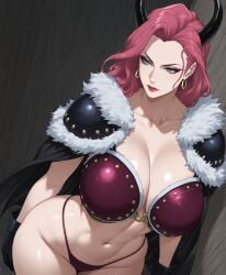 ai_generated artist_request bare_belly bra breasts cape clothing female female_only fur_coat ginrummy horns hourglass_figure large_breasts lipstick midriff one_piece revealing revealing_clothes shoulder_pads solo_female thong violet_hair