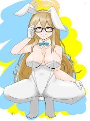 akane_(blue_archive) akane_(bunny)_(blue_archive) animal_ear_hairband animal_ears blonde_hair blue_archive breasts brown_eyes fake_animal_ears female glasses hairband halo highres houbou_ura leotard long_hair official_alternate_costume pantyhose playboy_bunny rabbit_ear_hairband rabbit_ears white_leotard