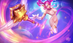 artist_request boots breasts completely_nude female gloves league_of_legends lips luxanna_crownguard naked navel nipples nude pink_eyes pink_hair solo star_guardian_lux star_guardian_series tied_hair twintails wallpaper wand