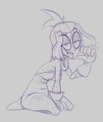 bandages breasts erect_nipples fellatio_gesture female_mummy gloves looking_at_viewer melancholy_(the_gaslight_district) mindgasmyt mummy mummy_costume nipples open_clothes ponytail sidelocks sketch the_gaslight_district tongue tongue_out