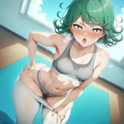 :o after_exercise ai_generated aimoonshine armpits bare_arms bare_shoulders bent_over blue_sky blush breasts breath cameltoe clothes_pull cloud collarbone curly_hair day dutch_angle female female_only green_eyes green_hair grey_sports_bra hand_on_own_hip hand_on_own_thigh heart heart-shaped_pupils heavy_breathing indoors leaning_forward leggings looking_at_viewer navel nose_blush one-punch_man open_mouth panties pants pants_pull pantyhose pantyhose_pull pose pulled_by_self short_hair skindentation sky small_breasts solo solo_female sports_bikini sports_bra stained_clothes steaming_body stomach sweat sweat_stain sweating symbol-shaped_pupils tatsumaki thick_thighs thighs underwear v-shaped_eyebrows wide_hips window wooden_floor yoga_mat yoga_pants