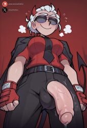 1futa ai_generated balls big_penis blush clothing cock dickgirl flaccid foreskin futa_only futanari helltaker huge_cock justice_(helltaker) light-skinned_futanari light_skin looking_at_viewer low-angle_view medium_breasts penis precum roxygtf short_hair smug solo standing sweat sweating sweaty_body white_eyes white_hair