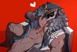 1boy abs bara bare_pectorals barefoot capitano_(genshin_impact) commentary dark-skinned_male dark_skin english_commentary faceless faceless_male fur_trim genshin_impact grey_fur heart helmet highres male_focus muscular muscular_male navel nipples nude pectorals penis penis_peek penis_under_clothing red_background scar scars_all_over sedo_(usingincognito) sitting solo