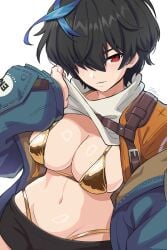 1girls 2025 big_breasts bikini black_hair blush breasts breasts_out dyed_hair female female_only gold_bikini guilty_gear guilty_gear_strive hi_res huge_breasts jacket lifting midriff nipples_visible_through_clothing red_eyes short_hair shorts smile sollyz solo tomboy unika_(guilty_gear)