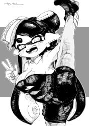 1girls blush breasts callie_(splatoon) cleavage detached_collar earrings female gloves greyscale hair hair_ornament inkling inkling_girl large_breasts long_hair mole mole_under_eye nintendo one_leg_up open_mouth pointy_ears sassan short_gloves solo solo_female solo_focus splatoon tentacle_hair tongue v v_sign