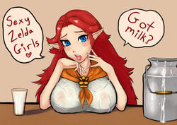 1girls artist_request blue_eyes breasts busty clothing erect_nipples female got_milk hylian large_breasts long_hair looking_at_viewer malon milk ocarina_of_time pointy_ears red_hair saliva solo the_legend_of_zelda tongue_out voluptuous wet