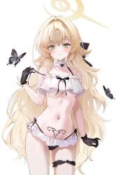 1girls absurdres alternate_costume ass_visible_through_thighs bare_arms bare_shoulders bikini black_gloves blonde_hair blue_archive blush breasts closed_mouth collarbone cowboy_shot empty_eyes female female female_only frilled_bikini frills gloves green_eyes hair_intakes halo hand_up highres jogabi layered_bikini light_frown long_hair looking_at_viewer navel professor_niyaniya_(blue_archive) pubic_tattoo shaded_face simple_background small_breasts smile solo stomach strap_slip sweat swimsuit tattoo thigh_strap thighs underboob undressing variant_set very_long_hair white_background white_bikini white_swimsuit yellow_halo