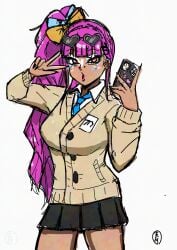 alternate_costume alternate_hairstyle blonde_hair blue_archive dark-skinned_female dark_areolae dark_skin eyelashes eyeshadow female ganguro gyaru high_ponytail highres houbou_ura lipstick long_hair makeup necktie piercing pink_hair ponytail red_eyes rio_(blue_archive) skirt sweater v yamanba_(gyaru)