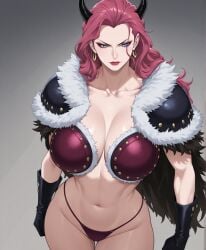 ai_generated artist_request bare_belly bra breasts clothing female female_only fur_coat ginrummy horns hourglass_figure large_breasts lipstick midriff one_piece revealing revealing_clothes shoulder_pads solo_female thong violet_hair