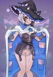 animal_ears black_hair blue_gemstone bodypaint breasts cat_ears censored cloak enigmatic_recollection female frilled_hat frills gem grey_hair grin hat heart heart-shaped_pupils heart_censor highres hololive hololive_english large_breasts long_hair looking_at_viewer moral_cacoethes multicolored_hair nipples shiori_novella smile solo symbol-shaped_pupils teeth two-tone_hair virtual_youtuber white_cloak witch_hat yellow_eyes