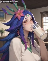 1girls ai_generated artifical_art blue_hair blush body_tattoo cum cum_drinking cum_in_mouth drinking_cum face_markings facial_mark female freckles_on_face league_of_legends light-skinned_female lizard_girl long_tail multicolored_hair neeko open_mouth perfect_body semen short_hair solo tail yellow_eyes