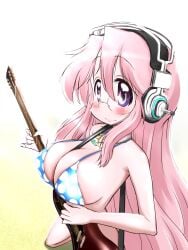1girls bikini breasts cleavage female glasses gradient_background guitar headphones large_breasts left_handed lucky_star miyuki_takara mizushima_(p201112) smiling_at_viewer solo tagme