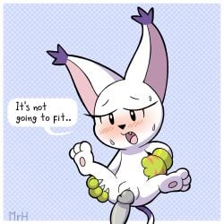 anthro bandai_namco bianc_(el_senor_erizo) blush claws clothing dialogue digimon digimon_(species) duo english_text eyelashes felid female female_penetrated fur gatomon genitals gloves handwear hi_res imminent_sex it'll_never_fit male male/female male_penetrating male_penetrating_female mammal mr_harinezumi open_mouth penetration penile penile_penetration penis penis_in_pussy pussy sex spread_legs spreading tail text vaginal_penetration vaginal_penetration white_body white_fur worried