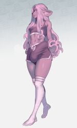 2025 anthro artist_logo balls_outline belly big_bulge biped boosterpang bottomwear bulge busty_boy_(lore) clothed clothing crop_top deer detailed_bulge erection erection_under_clothing femboy footwear genital_outline hair hi_res hotpants inner_ear_fluff lips logo long_hair looking_aside male male_(lore) mammal navel penis_outline shirt shorts skimpy socks solo standing tay_(boosterpang) thick_lips topwear tuft