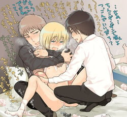 3boys 3u armin_arlert attack_on_titan blonde_hair blue_eyes blush brown_eyes brown_hair cum cumdrip eren_jaeger femboy jean_kirstein male male_only naughty_face open_mouth restrained sex_toy shingeki_no_kyojin short_hair testicles underwear undressing yaoi