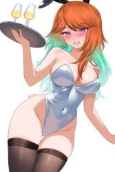 absurdres alternate_costume animal_ears bare_arms bare_shoulders black_thighhighs blush breasts champagne_flute cleavage commentary covered_navel cup drinking_glass earrings fake_animal_ears feather_earrings feathers female gradient_hair green_hair grin helldeer highleg highleg_leotard highres holding holding_tray hololive hololive_english hololive_myth jewelry large_breasts leotard long_hair multicolored_hair orange_hair playboy_bunny purple_eyes rabbit_ears simple_background skindentation smile solo strapless strapless_leotard swept_bangs symbol-only_commentary takanashi_kiara thigh_gap thighhighs tray twitter_username virtual_youtuber white_background white_leotard