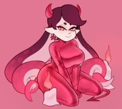 1girls bodysuit breasts callie_(splatoon) devil devil_horns devil_tail earrings female hand_between_legs hands_between_legs inkling inkling_girl large_breasts long_hair looking_at_viewer mole mole_under_eye nintendo pointy_ears red_bodysuit red_eyes seiza solo solo_female solo_focus splatoon tentacle_hair two_tone_hair vespbee