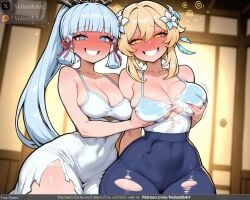 2girls ai_generated bangs bare_shoulders blonde_hair blue_eyes blue_hair blunt_bangs blurry blurry_background blurry_foreground blush breast_grab breasts burnt_clothes cat_cutout cleavage clenched_teeth clothing_cutout collarbone covered_navel crotch_cutout cuts damaged dark-skinned_female deep_skin denim depth_of_field dress drunk eyebrows_visible_through_hair female flower full-face_blush genshin_impact grabbing grabbing_from_behind grin groping hair_flower hair_ornament hair_ribbon heart_cutout indoors kamisato_ayaka large_breasts long_hair lumine_(genshin_impact) multiple_girls nose_blush pants pencil_dress ribbon shorts skindentation smile tagme tearing_clothes teeth tight torn torn_bike_shorts torn_bodysuit torn_cape torn_clothes torn_dress torn_gloves torn_jacket torn_jeans torn_legwear torn_leotard torn_panties torn_pants torn_shirt torn_shorts torn_skirt torn_sleeves torn_swimsuit underboob_cutout velianthart white_dress white_flower yellow_eyes yuri