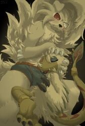 absurd_res archen blush blush_lines bodily_fluids bulge bulge_kiss canid canine claws clenched_teeth clothing drooling duo embarrassed enja_(qrnrr) fluffy fossil_pokemon generation_5_pokemon generation_7_pokemon genital_fluids hi_res holding_head jewelry kissing licking lycanroc male male/male mammal midnight_lycanroc nintendo open_mouth pokemon pokemon_(species) precum qrnrr romantic romantic_couple saliva saliva_string size_difference tail teeth tongue tongue_out underwear
