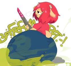 1girl big_ass black_eyes black_nose fart farting farting_at_viewer female guitar jeans lamb lammy_lamb novacartridge_(artist) onomatopoeia parappa_the_rapper red_hair red_shirt short_horns tan_fur