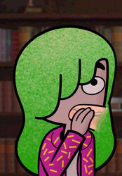 1girls accurate_art_style artist_request bookcase cartoon_network clare_cooper fellatio female green_hair hair_over_one_eye hetero indoors long_hair male/female oral oral_penetration oral_sex penis pink_jacket sucking sucking_penis tagme the_amazing_world_of_gumball uncensored upper_body