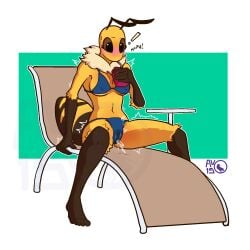 anthro arthropod av-15 bee bikini blush bodily_fluids clothed clothed_female clothing cum cum_in_clothing cum_inside cum_through cum_through_clothing cum_through_swimsuit ejaculation embarrassed embarrassed_female embarrassed_horny female genital_fluids hands-free hi_res hymenopteran insects juice_(beverage) juice_that_makes_you_cum pussy_ejaculation pussy_ejaculation_through_clothing solo spontaneous_ejaculation surprise surprised_expression swimwear two-piece_swimsuit vaginal_fluids wet wet_clothing