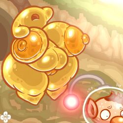 anthro areola big_breasts bodily_fluids breasts elemental_creature female filthyskull genitals goo_creature hi_res hocotatian nervous nintendo nipples nude nude_female olimar overweight overweight_female pikmin plasm_wraith pussy sweat thick_thighs yellow_body
