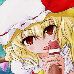 blonde_hair bow censored cute_fang fellatio female flandre_scarlet furaido handjob hat licking looking_at_viewer oral penis red_eyes ribbon short_hair solo_focus touhou