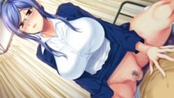 bed blue_hair blush breasts censored clothed_sex clothing cowgirl_position female game_cg glasses hair_up highres hozumi_kaoru huge_breasts itsu_made_mo_musuko_no_mama_ja_irarenai!_2 legs long_hair lying mosaic_censoring no_panties penetration penis pubic_hair pussy sex sitting sitting_on_person skirt solo_focus sweat thighs unzipped vaginal_penetration yellow_eyes