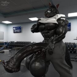3d_(artwork) absurd_res animal_genitalia animal_penis anthro athletic_wear balls big_balls big_penis black_body black_hair bodily_fluids bottomwear clothing digital_media_(artwork) equid equine equine_genitalia equine_penis genitals grey gym hair hi_res huge_balls huge_cock hyper hyper_balls hyper_genitalia hyper_penis ionwing male mammal muscular muscular_anthro muscular_male pants penis shirt solo sweat sweatdrop teasing topwear white_clothing white_shirt white_topwear