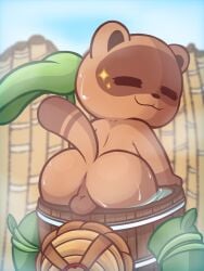 anus backsack balls brown_body brown_fur canid canine closed_eyes fur genitals hot_tub ishitaka_uwu looking_at_viewer looking_back looking_back_at_viewer male male/male mammal nude presenting raccoon_dog relaxed_expression relaxing sauna size_difference smaller_male solo sparkles sprout_(brawl_stars) steam tanuki tanuki_sprout water