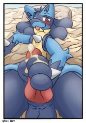 animal_genitalia animal_penis anthro bed_sheet bedding blue_body blue_fur bodily_fluids canine_genitalia canine_penis cum cum_drip cum_on_penis dripping fur generation_4_pokemon genital_fluids genitals hi_res looking_at_viewer lucario male masturbation nintendo penis pillow pokemon pokemon_(species) smile smiling_at_viewer solo tongue tongue_out velixx