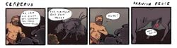 2025 abs animal_genitalia animal_penis beard border bottomwear branson_reese canid canid_demon canine canine_genitalia canine_penis canis cerberus clothing colored comic demon dialogue domestic_dog duo english_text european_mythology facial_hair feral fur genitals greek_mythology grey_body grey_fur hellhound hi_res human humor loincloth male mammal meme multi_head multi_tail mythological_canine mythological_creature mythology nipples partially_clothed_human penis profanity red_penis sheath speech_bubble tail text unusual_anatomy unusual_genitalia unusual_penis white_border